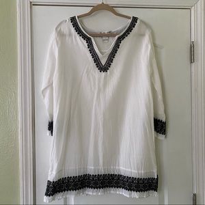 White Long Sleeve Swim Coverup w/ Black Embroidery